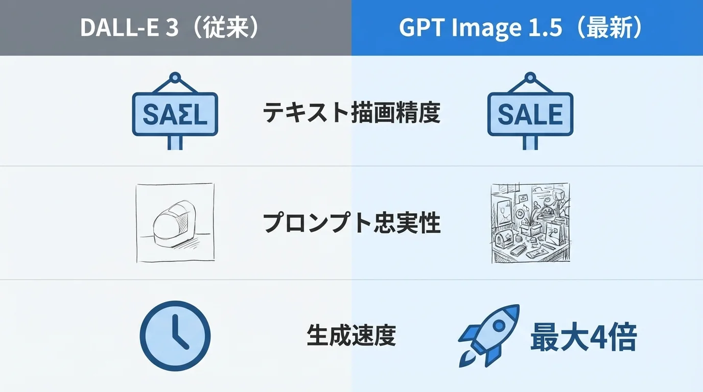 DALL-E 3とGPT Image 1.5の性能比較表。テキスト描画精度、プロンプト忠実性、生成速度の3項目で新モデルの優位性を示している。