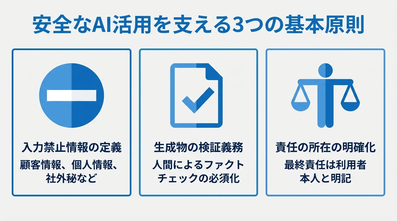 ChatGPTを安全に活用するための3つの基本原則(入力禁止情報の定義、生成物の検証義務、責任の所在の明確化)を示したインフォグラフィック