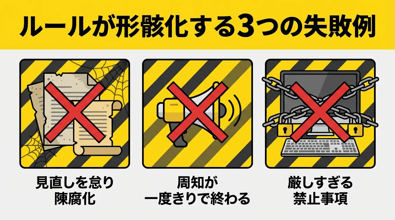 ChatGPT社内ルールが形骸化する3つの失敗例(見直しの怠慢、一度きりの周知、厳しすぎる禁止事項)を示したインフォグラフィック