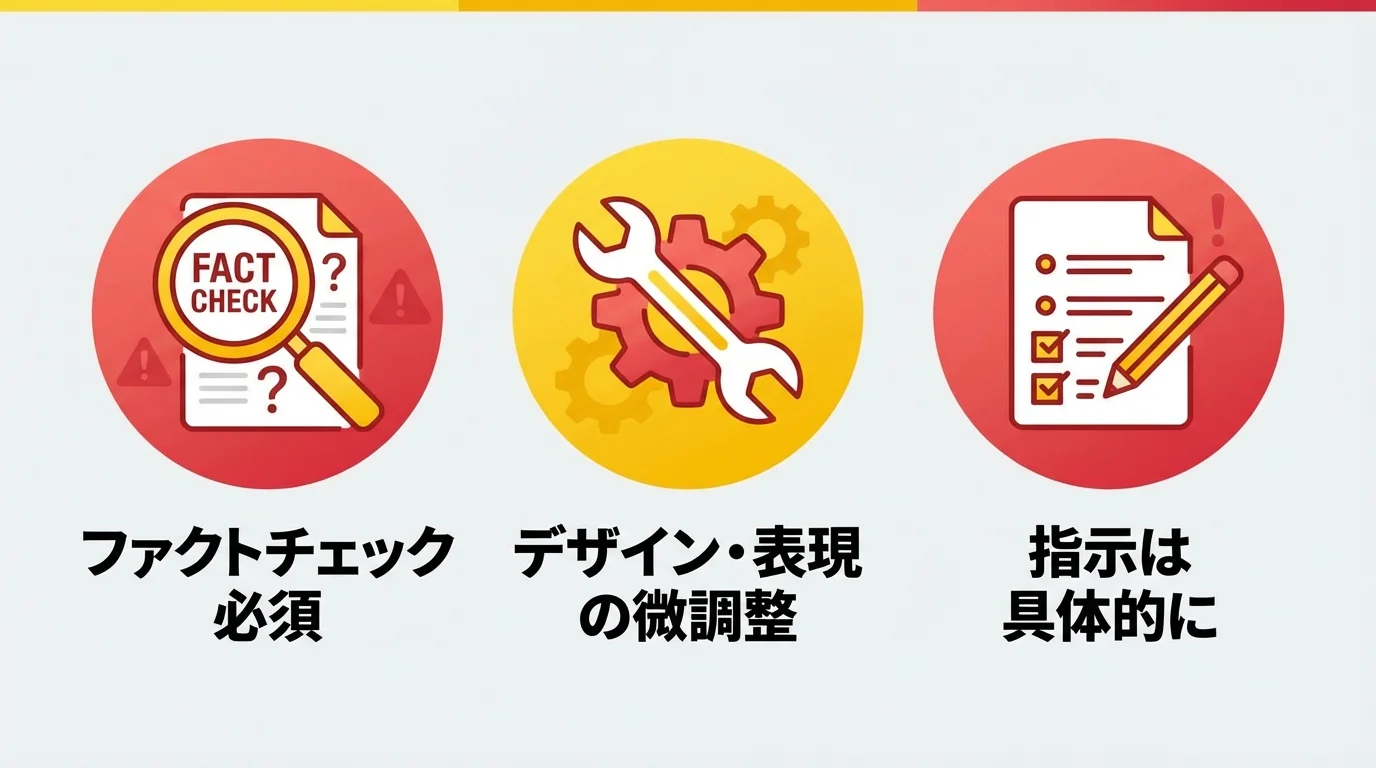 ChatGPTでプレゼン資料を作成する際の3つの注意点（ファクトチェック、微調整、具体的な指示）をアイコンで示したインフォグラフィック。