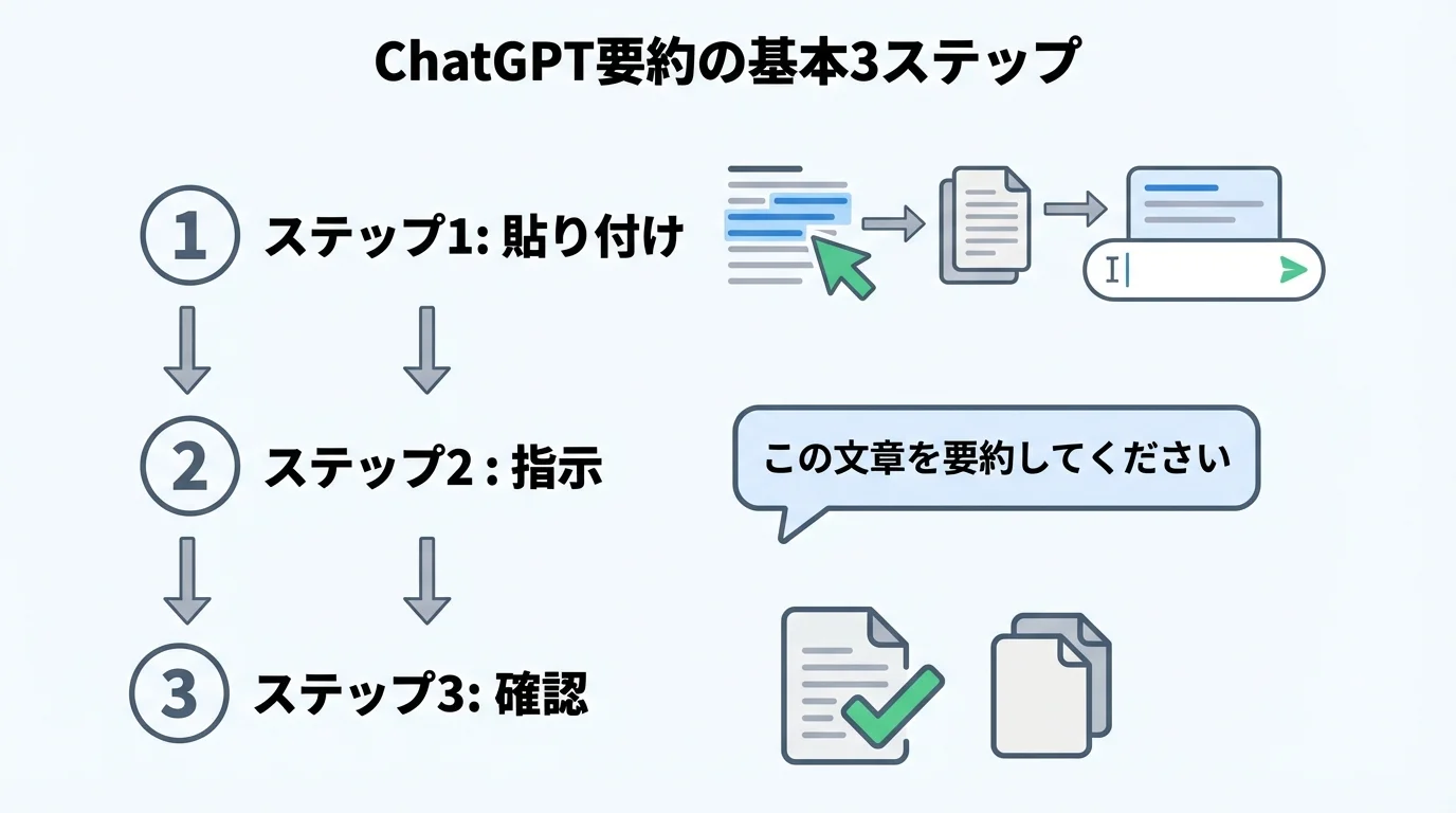 ChatGPTで文章を要約する基本的な3ステップ(貼り付け、指示、確認)を示したフローチャート