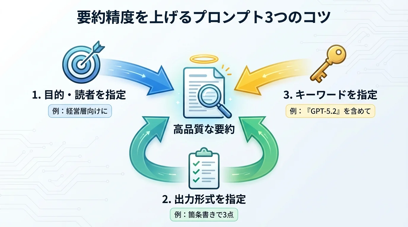 ChatGPTの要約精度を上げるプロンプト作成の3つのコツ(目的の指定、形式の指定、キーワードの指定)をまとめたインフォグラフィック