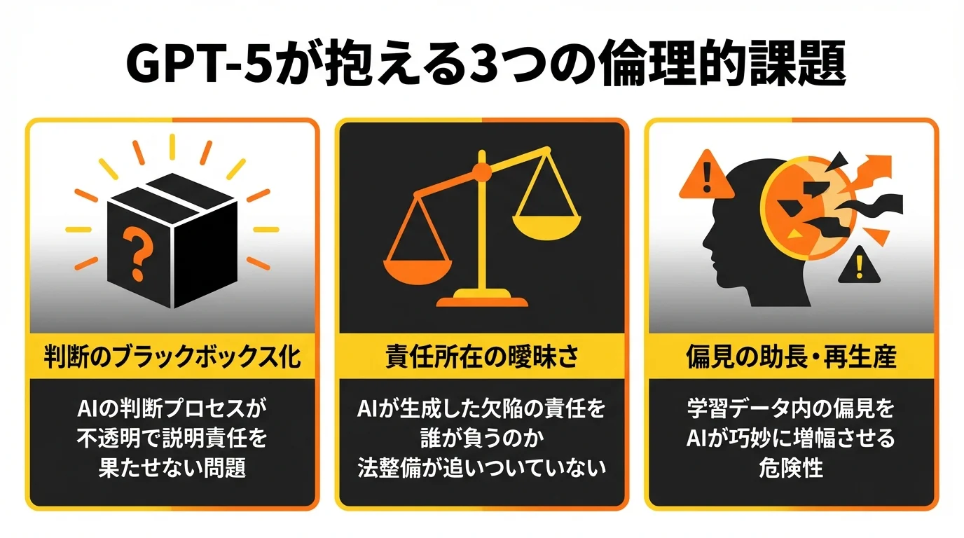 GPT-5の倫理的課題を3つのポイントでまとめたインフォグラフィック。ブラックボックス化、責任の所在、偏見の助長というリスクを図解している。