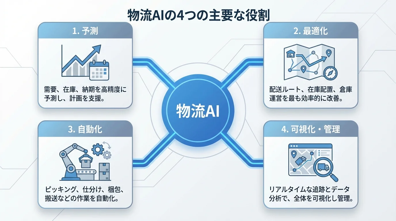 物流AIが担う4つの主要な役割「予測」「最適化」「自動化」「可視化・管理」をアイコン付きで解説した図解。
