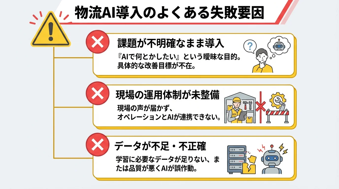 物流AI導入時によくある3つの失敗要因（課題の不明確さ、運用体制の不備、データの問題）をまとめた注意喚起の図解。