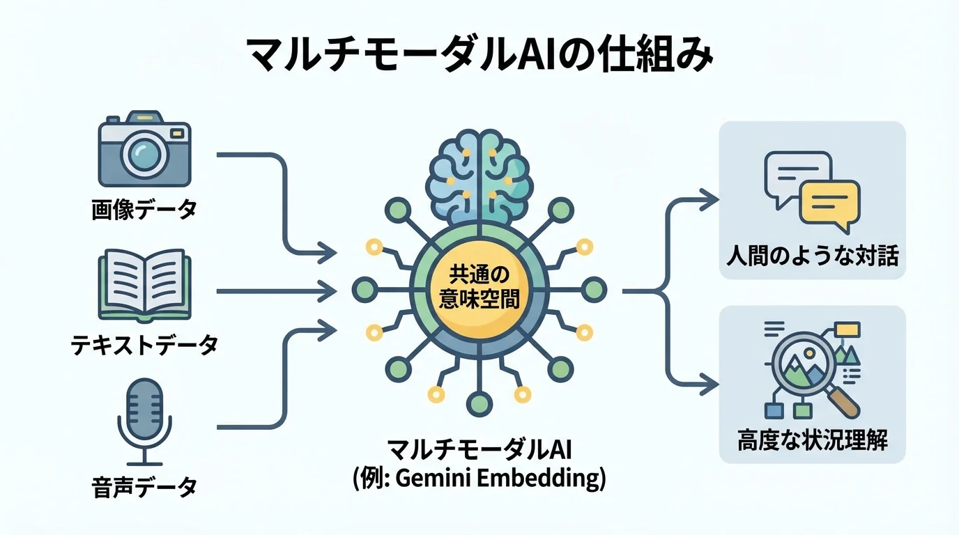 マルチモーダルAIの仕組みを示す概念図。画像、テキスト、音声データがAIによって統合され、人間との対話や状況理解に繋がるプロセスを解説。