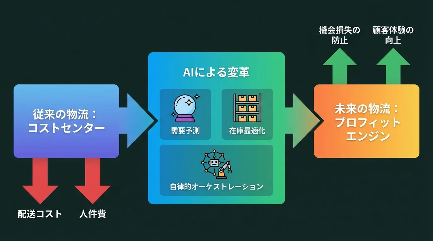 AIが物流をコストセンターからプロフィットエンジンへと変革する仕組みを示したインフォグラフィック。