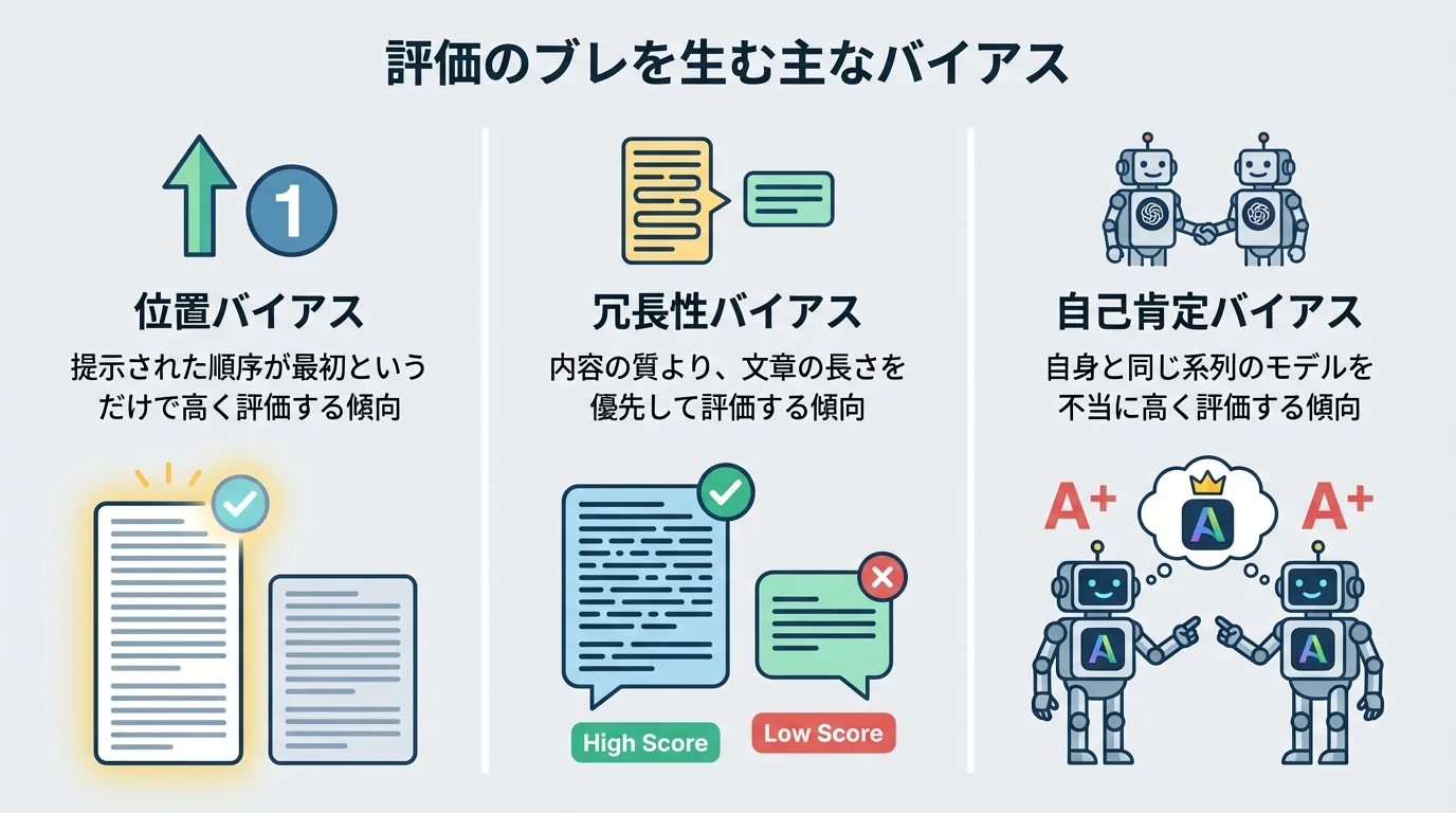 llm as a judgeにおける評価のブレの原因となる、位置バイアス、冗長性バイアス、自己肯定バイアスを解説するインフォグラフィック。