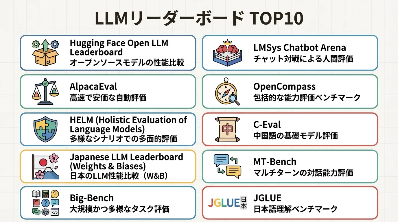 LLMリーダーボードおすすめTOP10の一覧。Hugging Face、LMSys Chatbot Arenaなど10種類のリーダーボードの名称と特徴を示すアイコンが並んでいる。