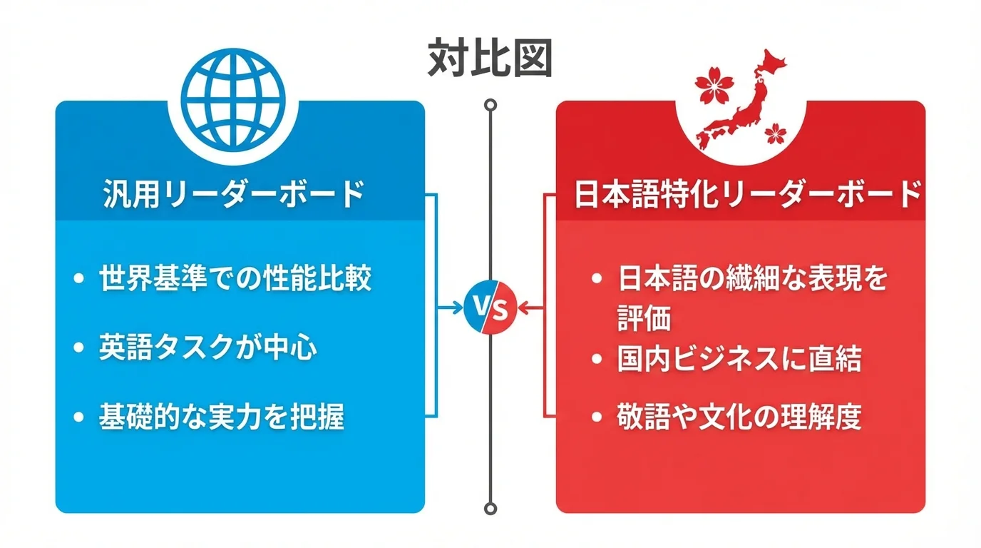 汎用LLMリーダーボードと日本語特化LLMリーダーボードの比較図。それぞれの対象領域と評価ポイントの違いを解説している。