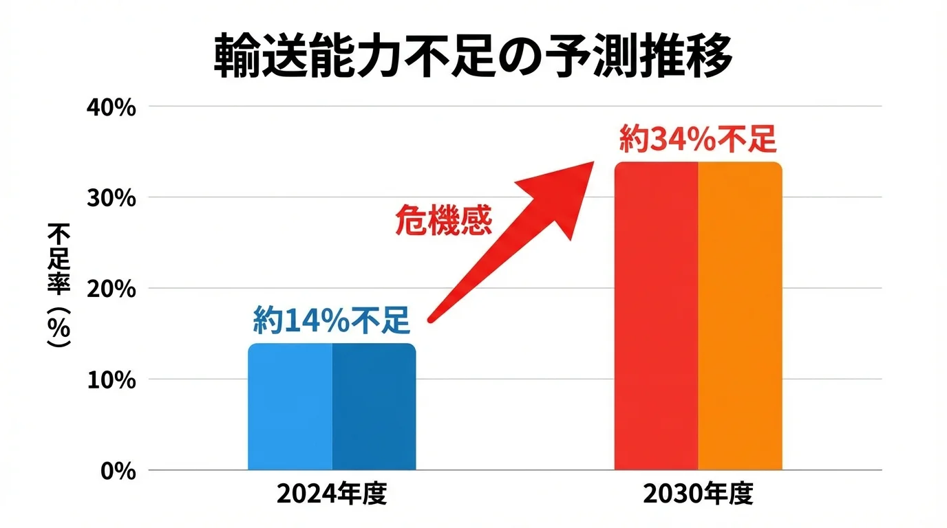 2024年度に約14%、2030年度には約34%の輸送能力が不足するという国の試算を示した棒グラフ
