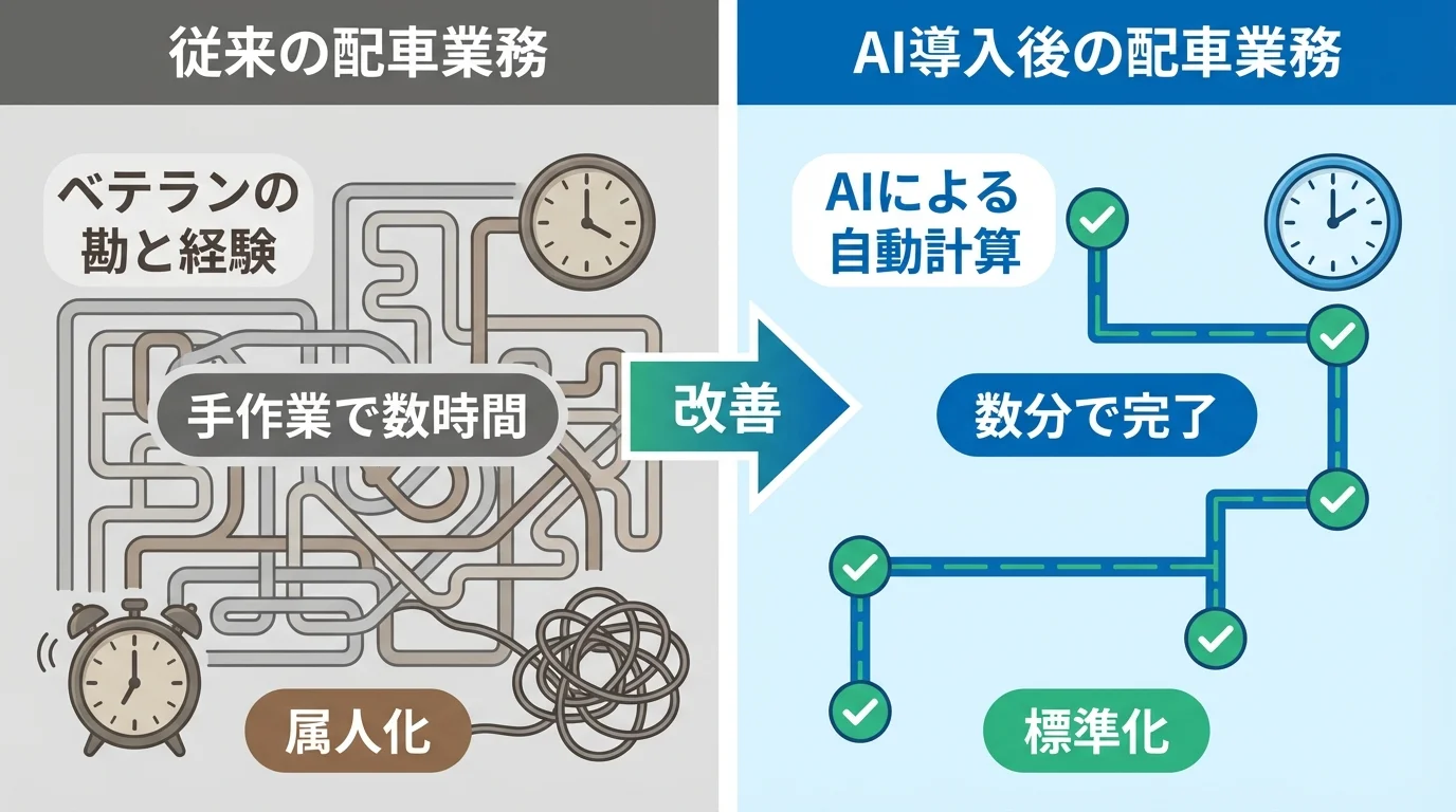 従来の手作業による配車計画と、AI導入による自動化・最適化後の業務効率の違いを比較した図