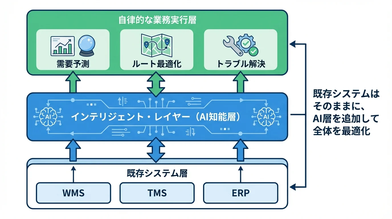既存のWMSやTMSの上に「インテリジェント・レイヤー」を追加し、業務を自律化するシステムの構造を示した階層図。