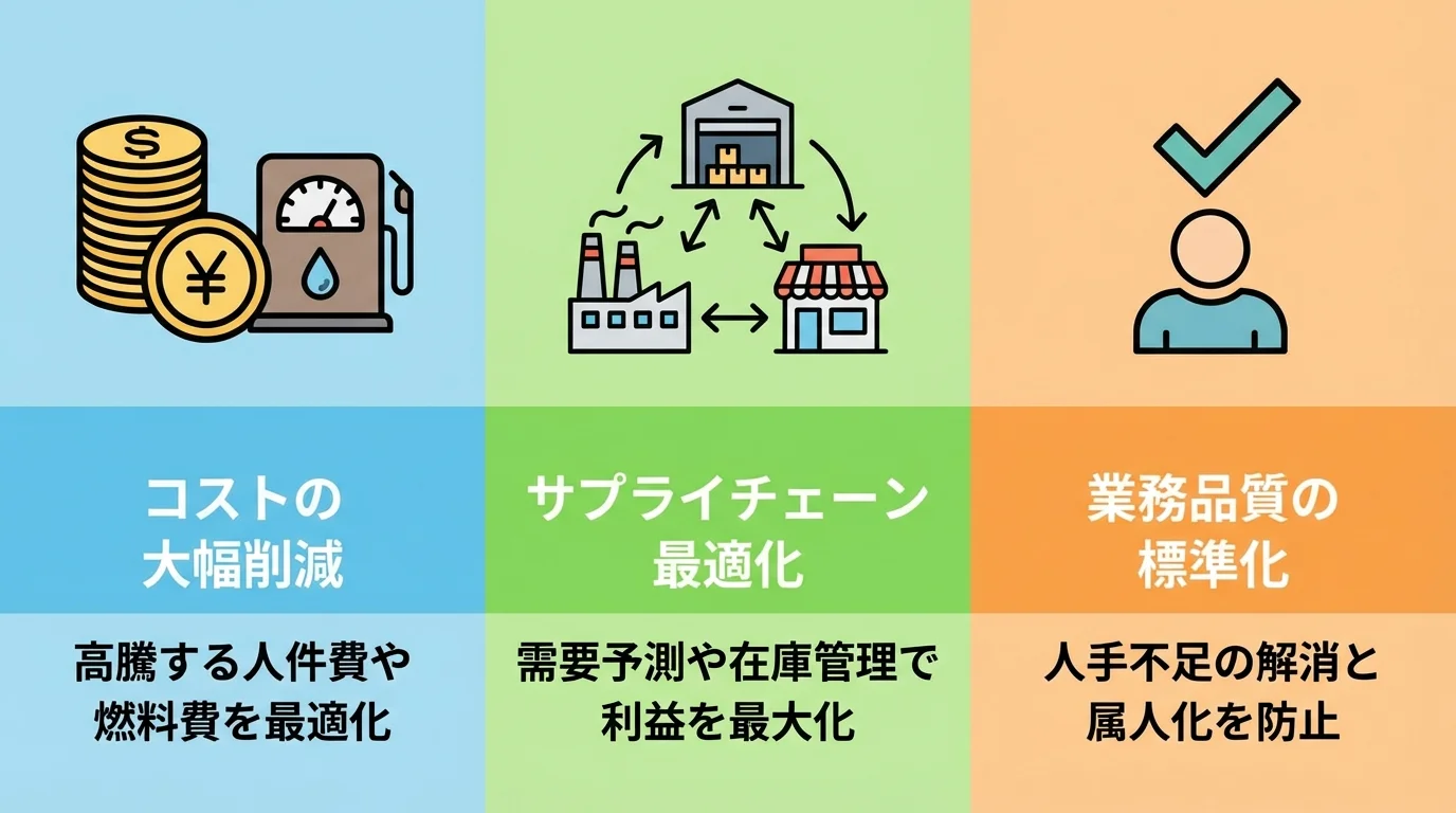 物流AI導入による3つのメリット（コスト削減、サプライチェーン最適化、業務品質標準化）の図解