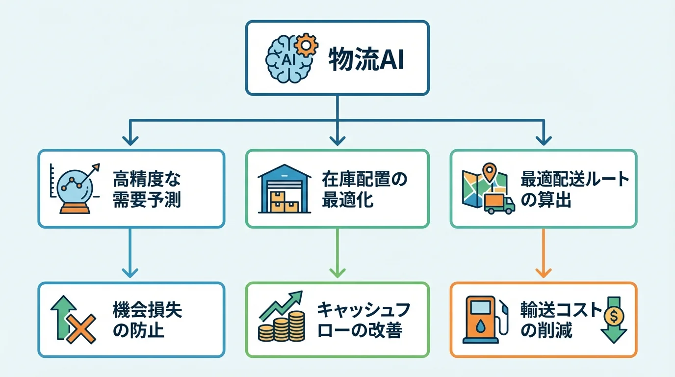 物流AIによる需要予測、在庫配置、配送ルート最適化がもたらす投資対効果の図解