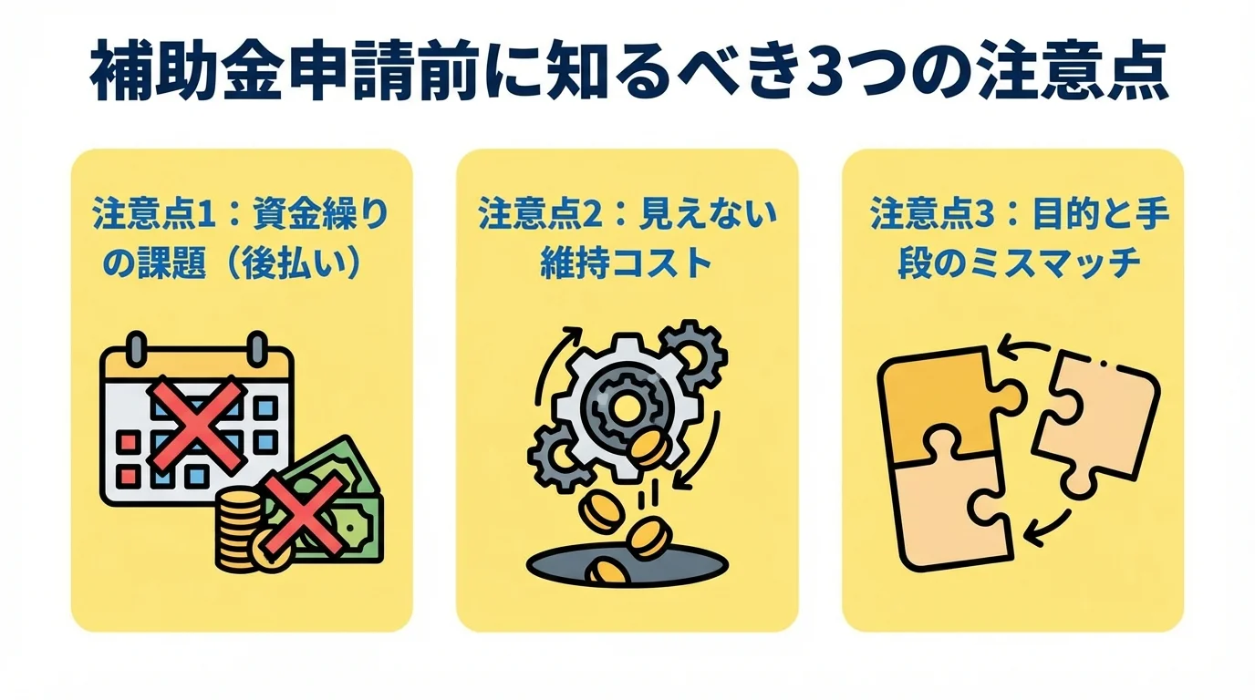 補助金活用における3つの注意点（資金繰り、維持コスト、ミスマッチ）をまとめたインフォグラフィック