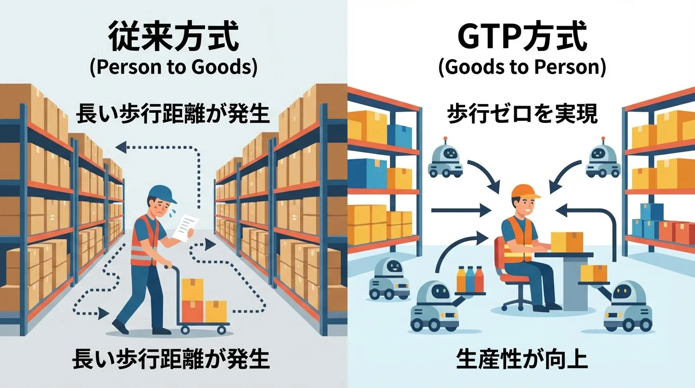 従来のピッキング方式(Person to Goods)とGTP方式(Goods to Person)の作業フローと効率の違いを比較するインフォグラフィック
