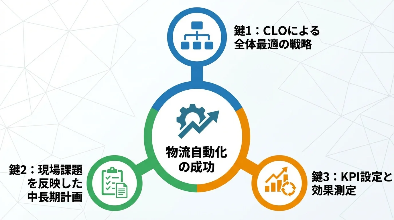物流自動化を成功に導く3つの鍵(CLOの選任、中長期計画の策定、KPI設定と効果測定)の関係性を示すインフォグラフィック