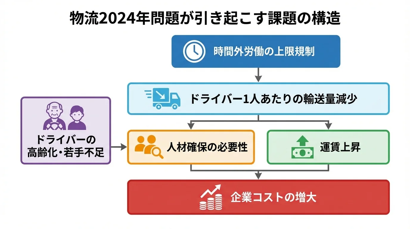物流2024年問題によって引き起こされる課題の構造を示したインフォグラフィック。