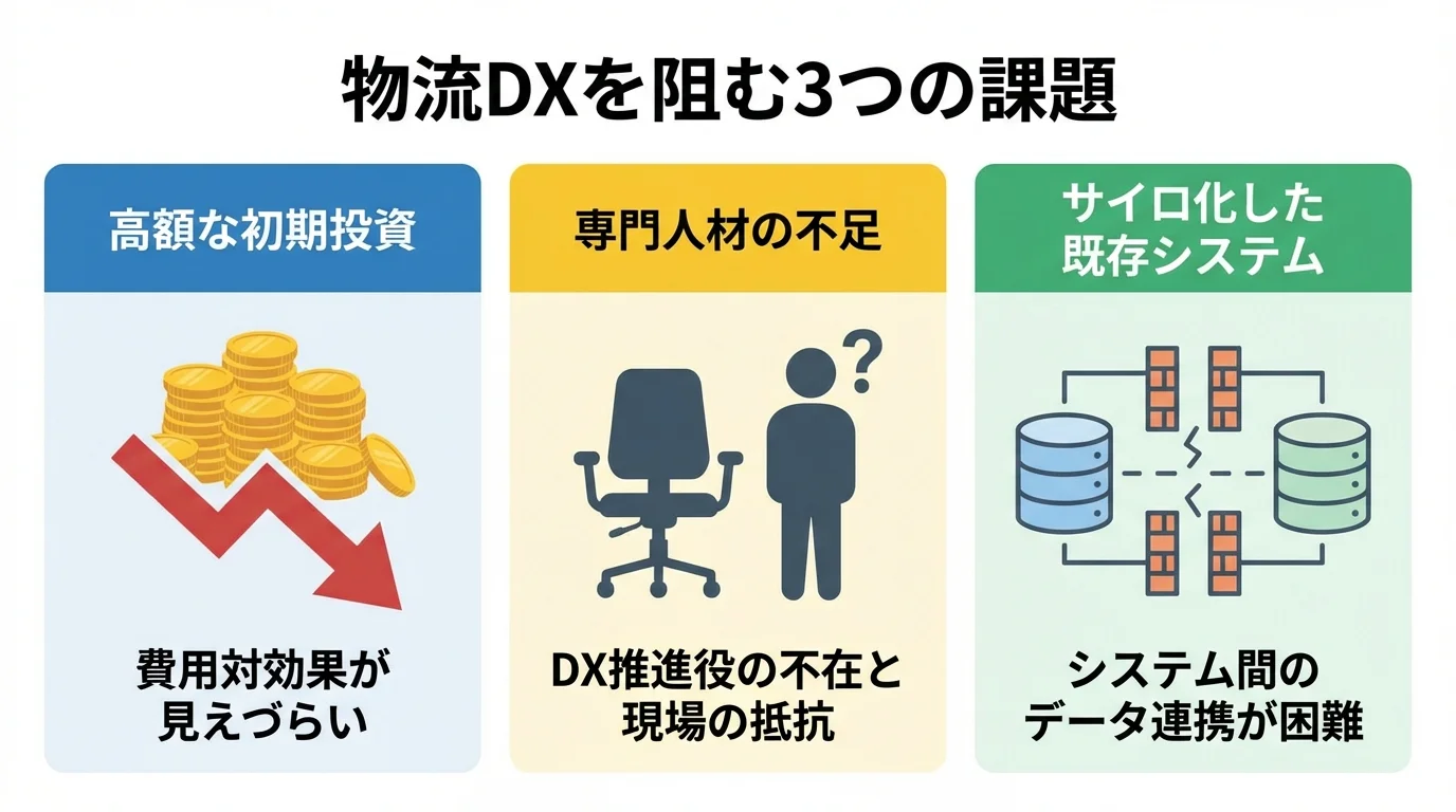 物流DXを阻む3つの課題。高額な初期投資、専門人材の不足、サイロ化した既存システムを図解で示している。
