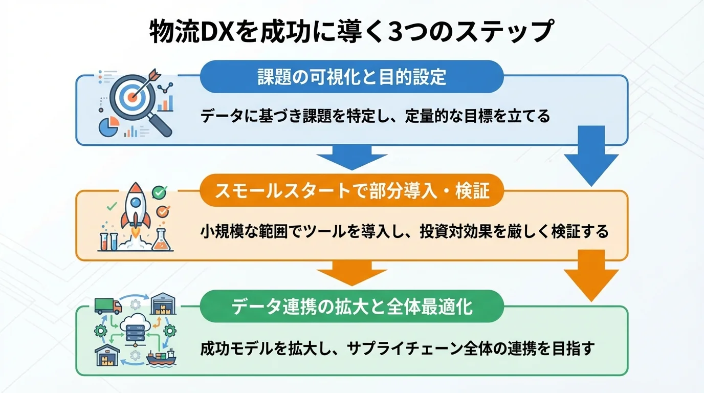 物流DXを成功に導くための3ステップ。課題の可視化からスモールスタート、そしてデータ連携の拡大へと進むプロセスを図解している。