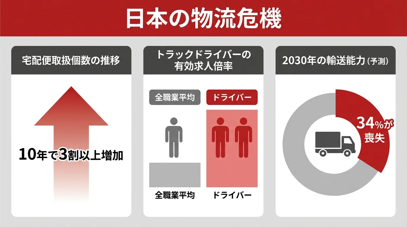 データで見る日本の物流危機。宅配便個数の増加、ドライバーの有効求人倍率、2030年の輸送能力喪失予測を示したインフォグラフィック。
