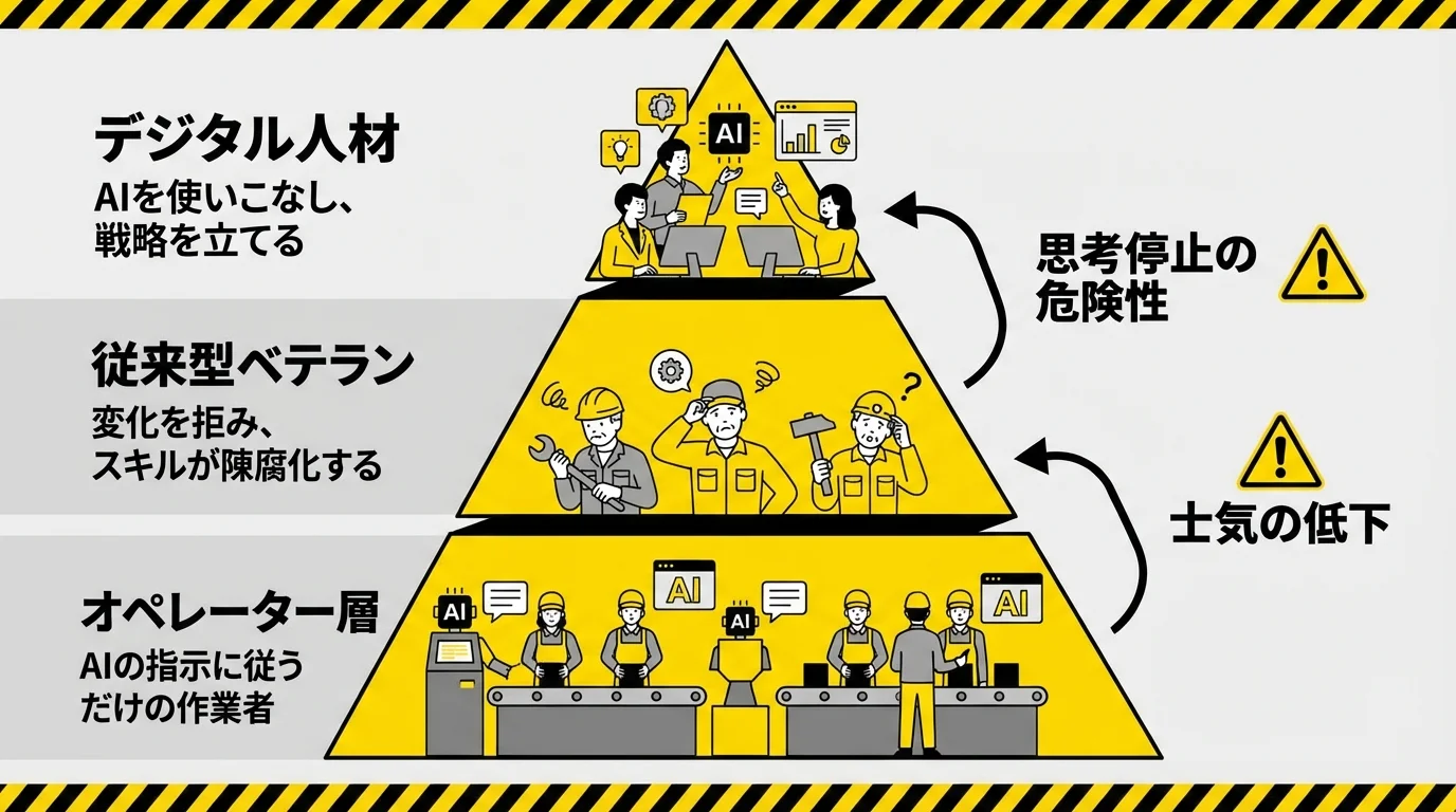AI導入が現場に生む新たなスキル格差（デジタル人材、従来型ベテラン、オペレーター層）を示したピラミッド図。