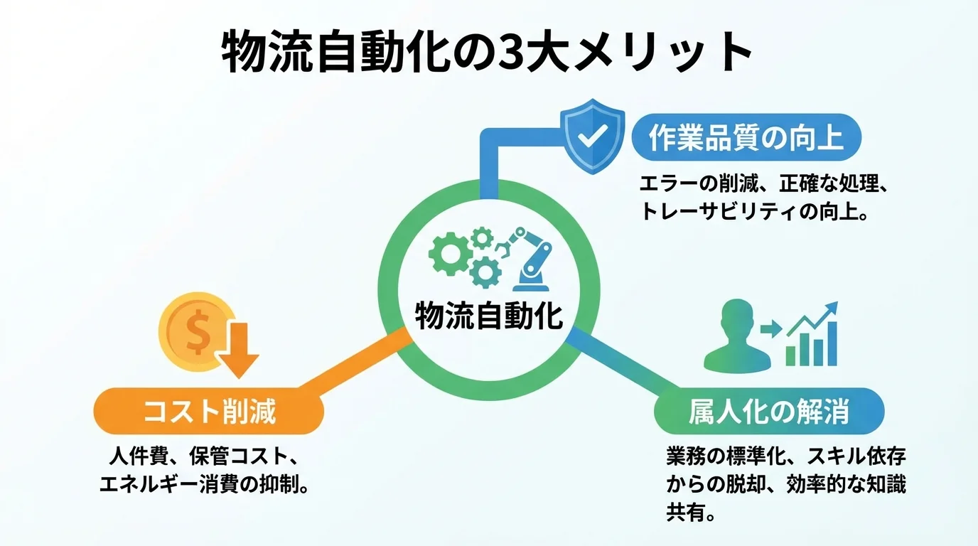 物流自動化がもたらす3つのメリット（作業品質の向上、コスト削減、属人化の解消）をアイコン付きで示したインフォグラフィック。