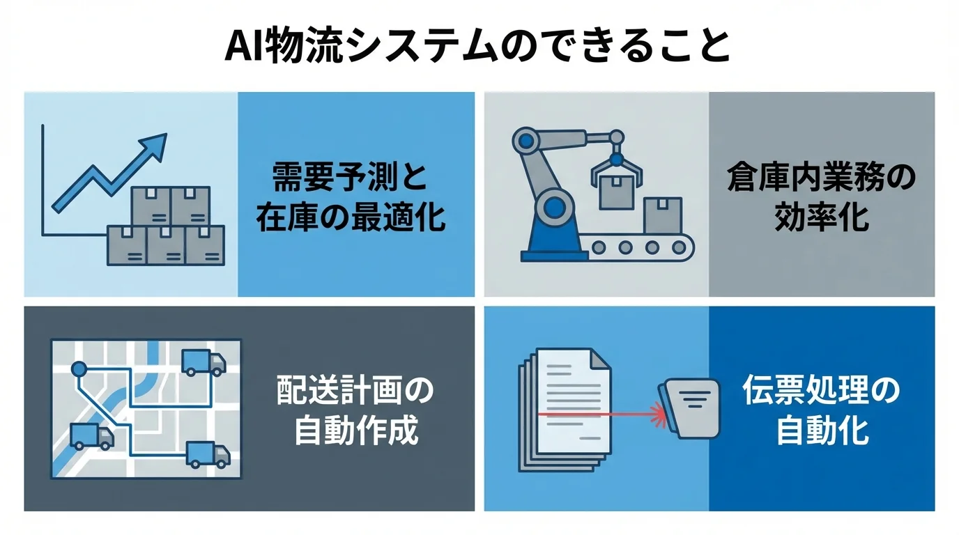 AI物流システムができること一覧のインフォグラフィック：需要予測、倉庫効率化、配送計画、伝票自動化