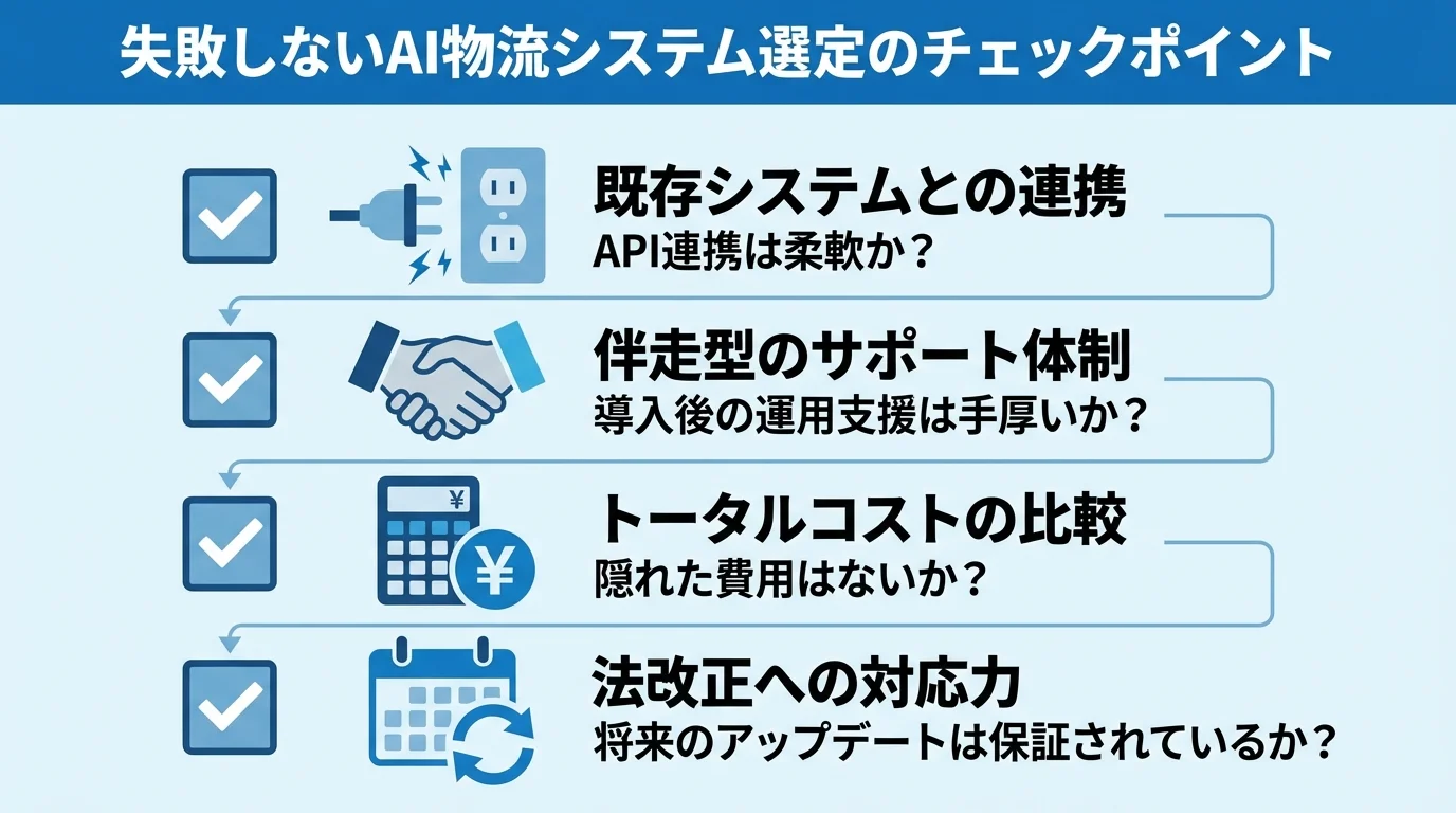 AI物流システムを選ぶ際の4つの比較ポイントをまとめたチェックリストのインフォグラフィック