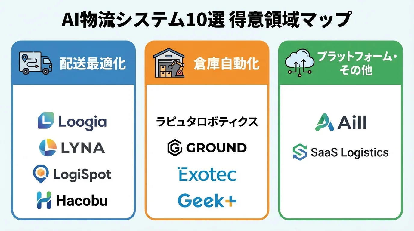 おすすめAI物流システム10社の得意領域（配送最適化、倉庫自動化、プラットフォーム）を比較するインフォグラフィック