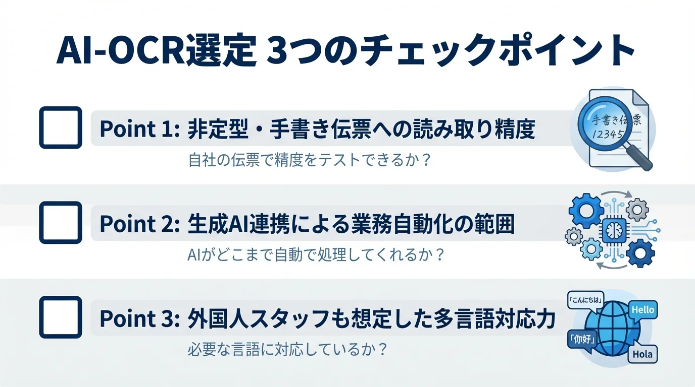 AI-OCRを選ぶための3つのポイントを示したチェックリスト図。読み取り精度、業務自動化の範囲、多言語対応力の3点がアイコン付きで解説されている。