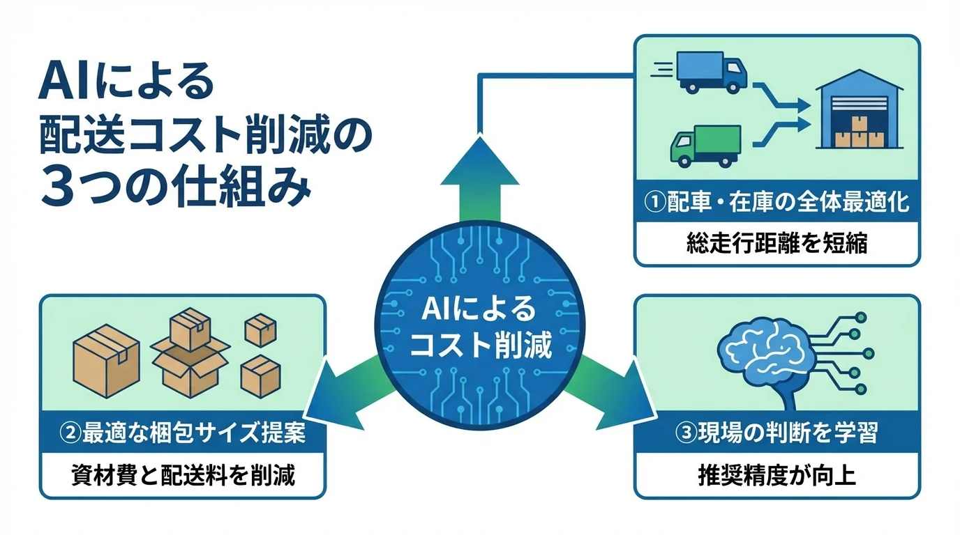AIが配送コストを削減する3つの仕組み(全体最適化、梱包最適化、フィードバック学習)を示したインフォグラフィック。