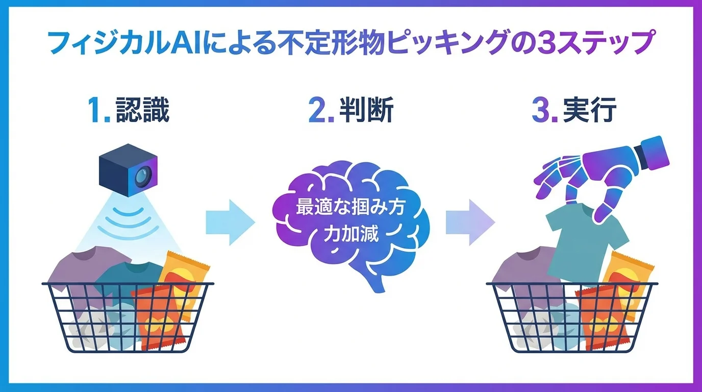 フィジカルAIによる不定形物ピッキングの3ステップ（認識・判断・実行）を示したインフォグラフィック