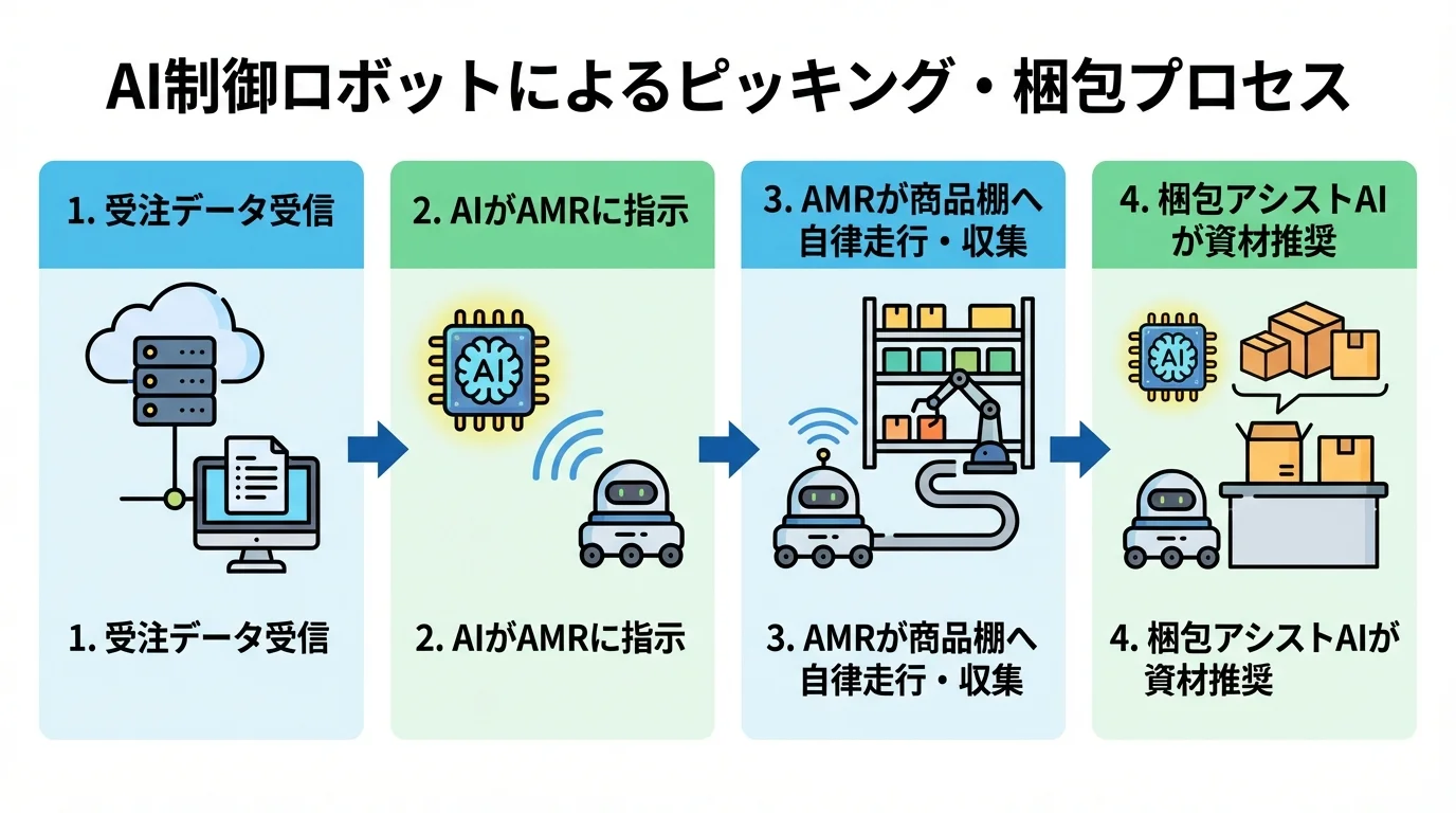 フィジカルAIによる倉庫内のピッキングから梱包までの自動化プロセスを示すフローチャート