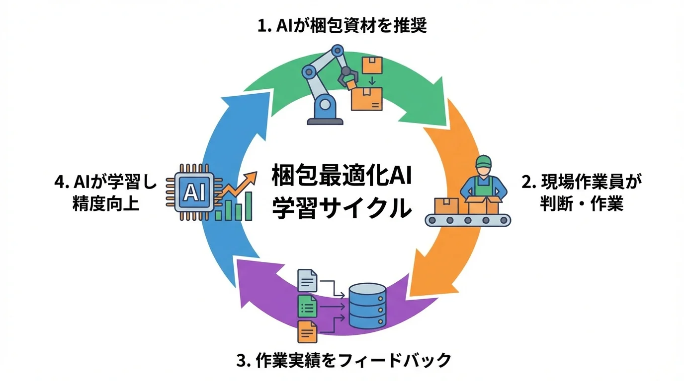 現場のフィードバックを学習して進化する梱包最適化AIの学習サイクルを示した図