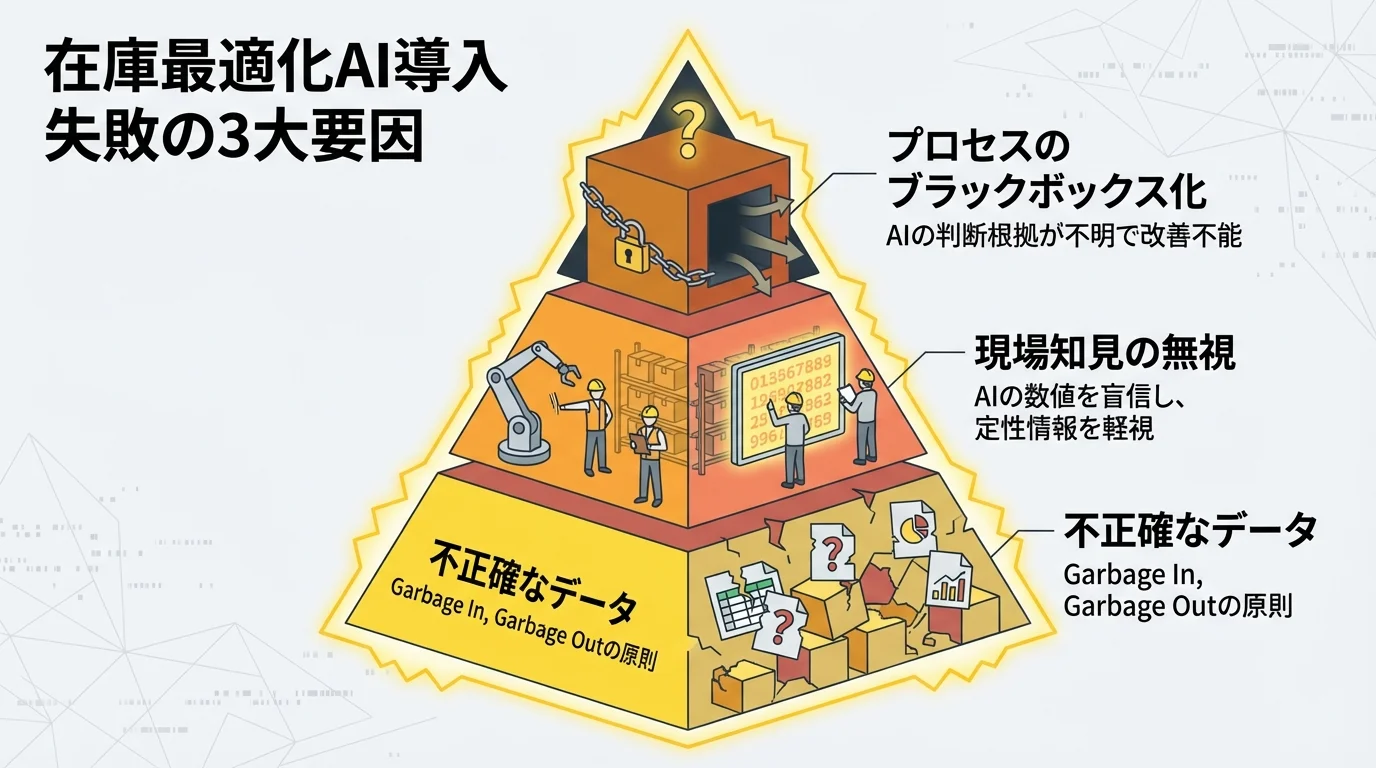 在庫最適化AIの導入で失敗する3つの主要因（不正確なデータ、現場知見の無視、ブラックボックス化）の構造を示したピラミッド図。