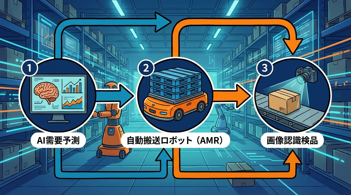 需要予測から自動搬送ロボット、画像認識検品まで、AI技術を活用した倉庫内作業の自動化フロー図