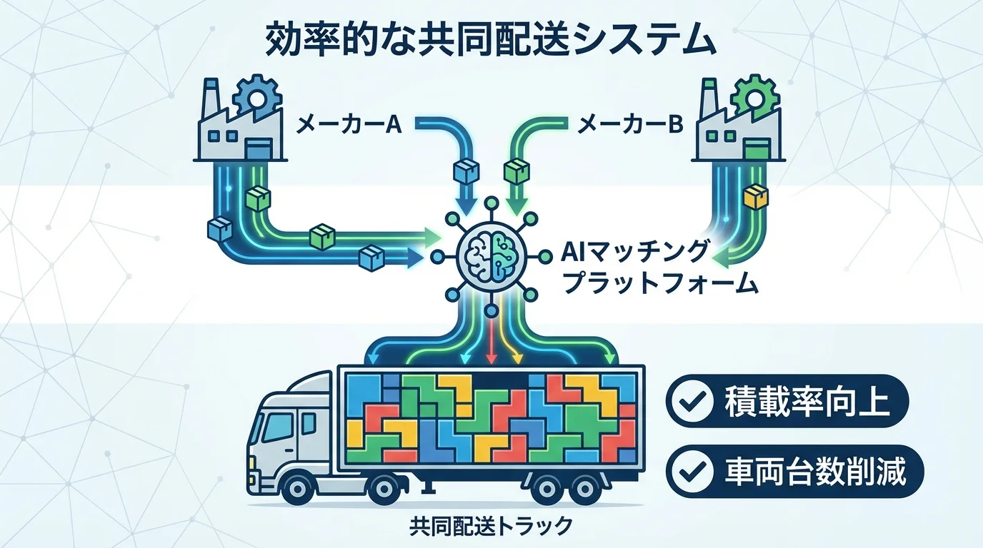 AIマッチングによる企業間の共同配送と積載効率最適化の仕組み図