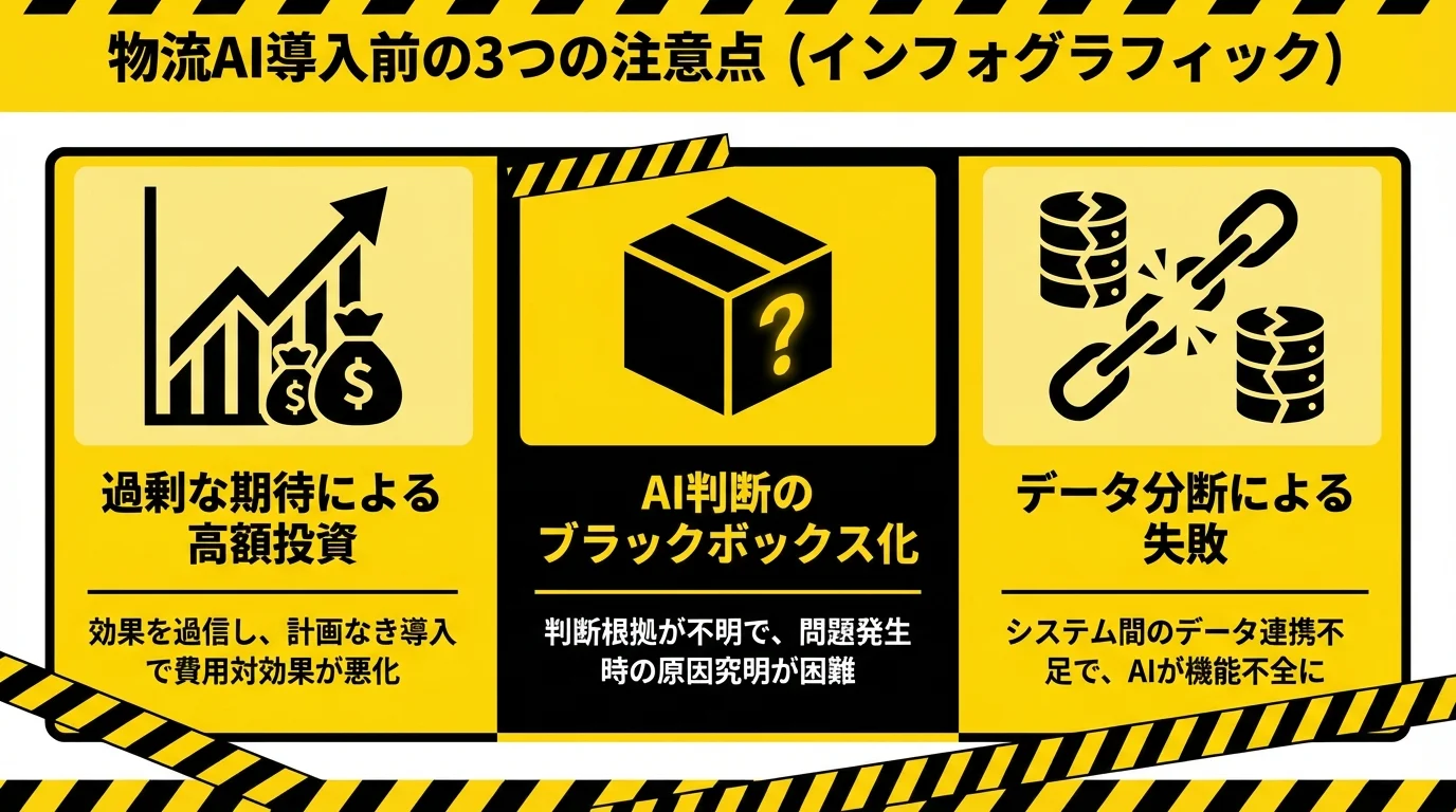 物流AI導入の失敗を避けるための3つの注意点（高額投資、ブラックボックス化、データ分断）の図解