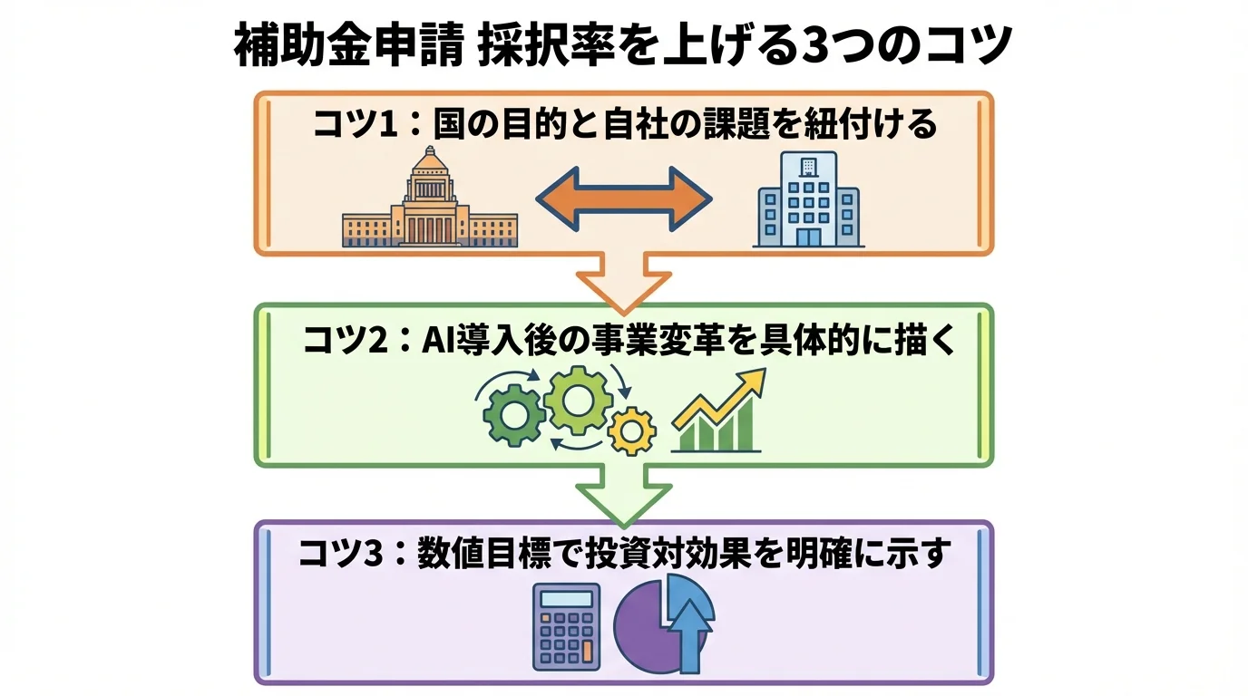 補助金申請を成功させるための3つのコツを示したステップ図