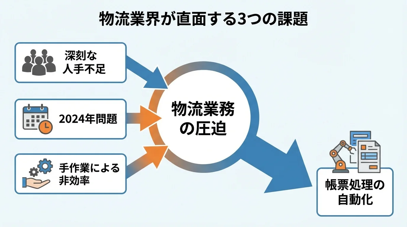 物流業界が抱える人手不足、2024年問題、手作業の非効率という課題と、その解決策としての帳票処理自動化の関係を示す図解