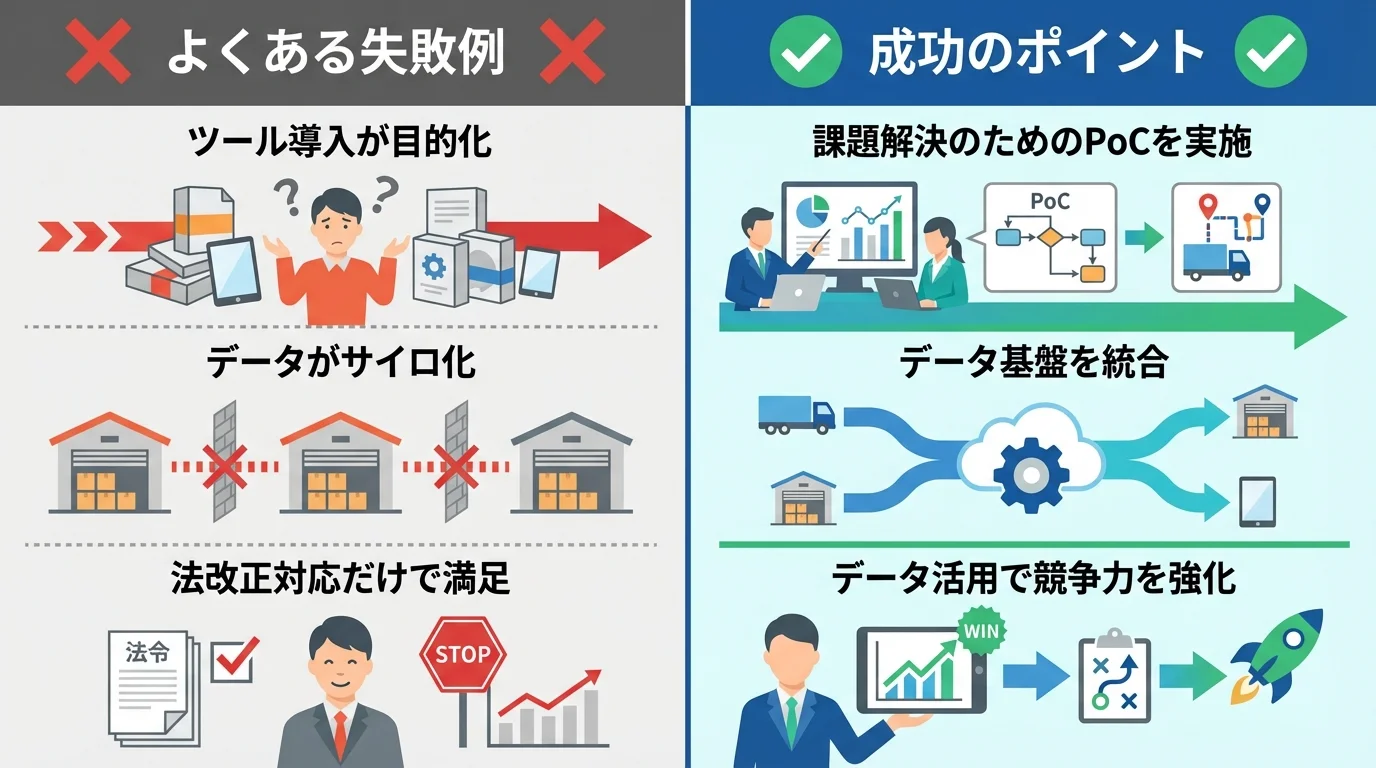 物流DXの失敗例と成功のポイントを比較した図。ツール導入の目的化、データのサイロ化、法改正対応のみ、といった失敗を避けるための注意点。