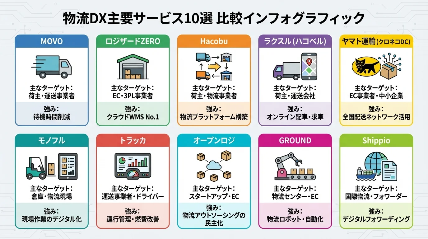 物流DX主要サービス10選の比較インフォグラフィック。MOVO、ロジザードZEROなどの特徴、ターゲット、強みを一覧で確認できる。