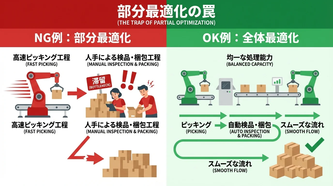 物流自動化における部分最適化の失敗例と、プロセス全体の流れを考慮した全体最適化の成功例を比較した図解。