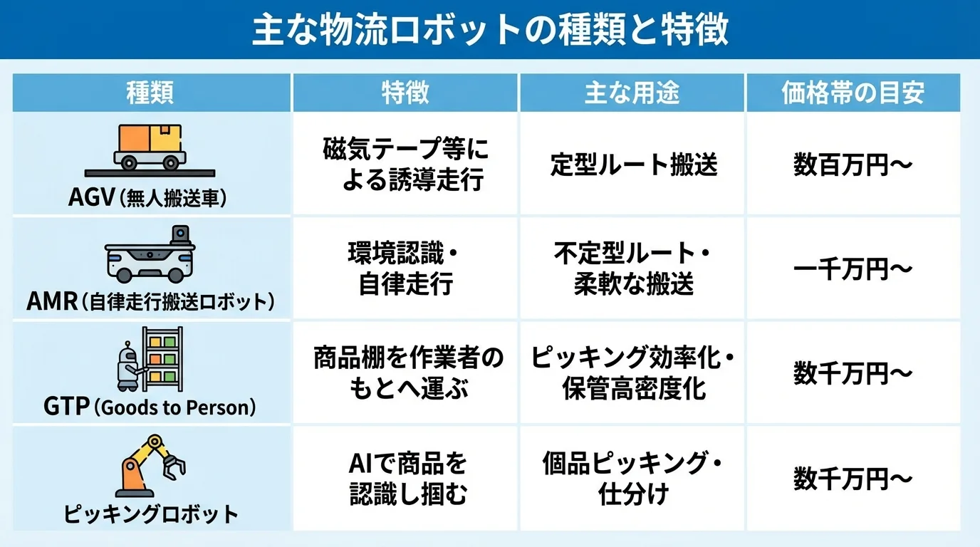 物流ロボットの種類と特徴を比較するインフォグラフィック。AGV、AMR、GTP、ピッキングロボットの用途や価格帯を解説。