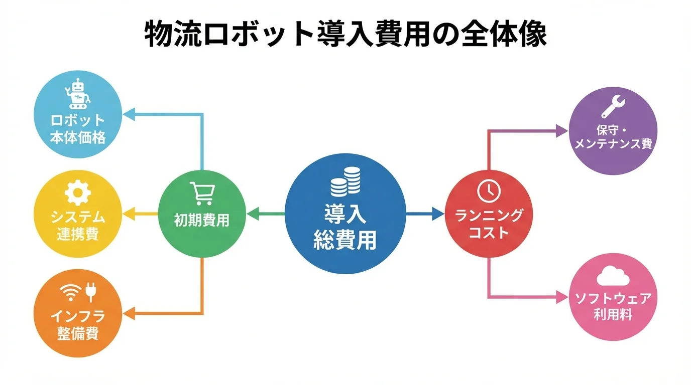 物流ロボット導入費用の内訳を示すインフォグラフィック。初期費用とランニングコストの構成要素を解説。