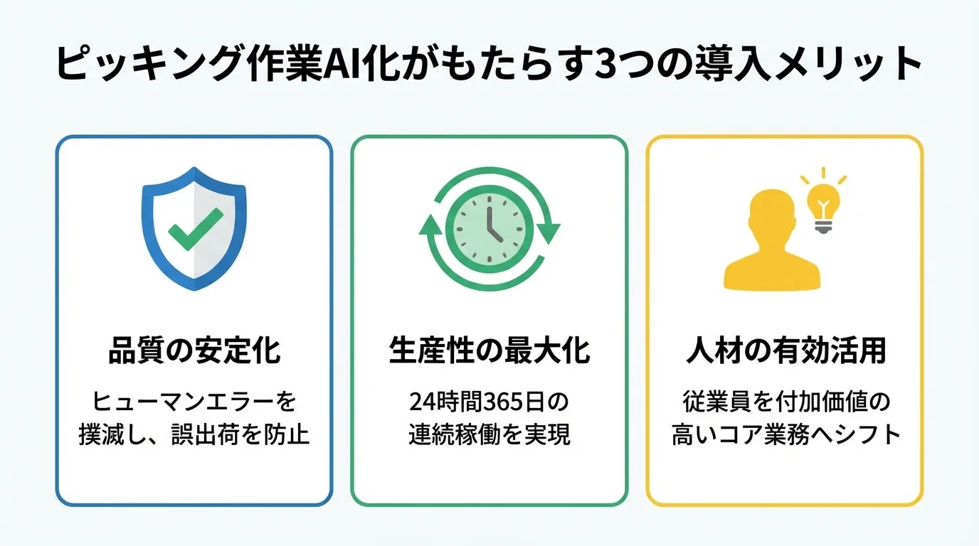 ピッキング作業をAI化する3つのメリット。品質安定化、生産性最大化、人材の有効活用をアイコンで示すインフォグラフィック。