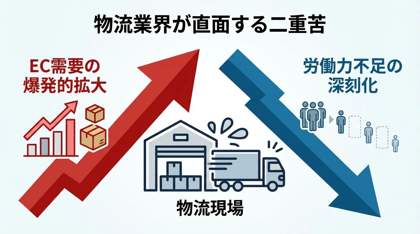 物流業界が直面する二重苦を図解したインフォグラフィック。EC需要の拡大と労働力不足が物流現場に圧力をかけている状況を示す。