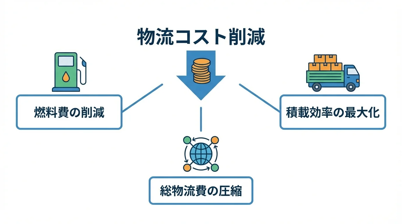 AIがもたらす3つの物流コスト削減効果を示す図解。燃料費の削減、積載効率の最大化、総物流費の圧縮というメリットを視覚的に整理している。